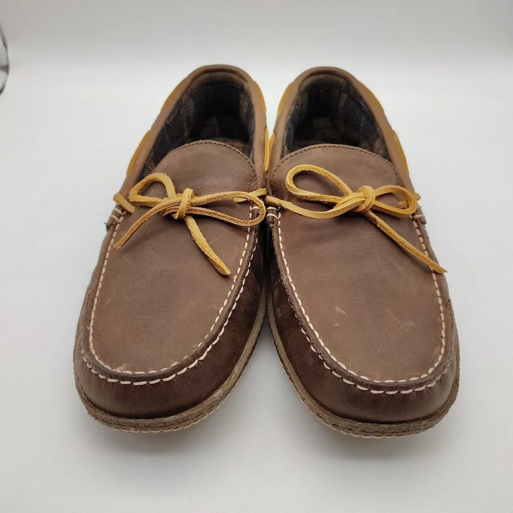 LL Bean Handsewn Moccasin Slippers Mens 11M Leather Brown Flannel Lined 212164